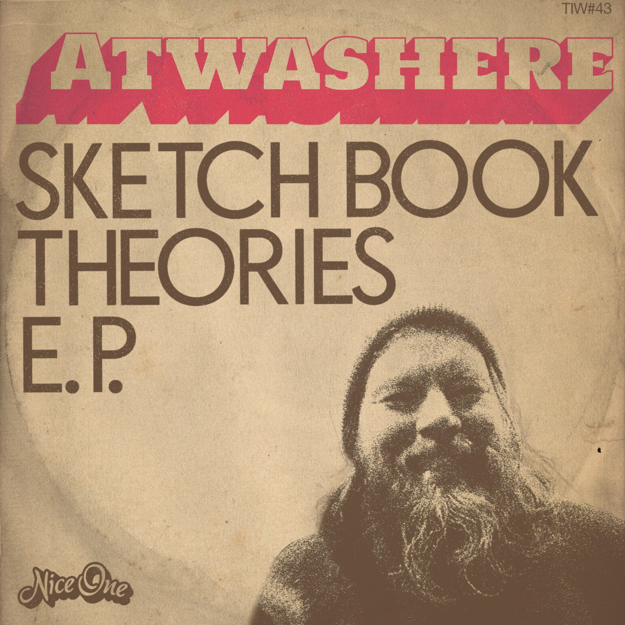 Cover der „Sketch Book Theories E.P.“ von Atwashere: Großer roter Schriftzug mit räumlichem Schatteneffekt, braune Typografie und grob gerastertes Porträt des Musikers auf vergilbtem, künstlich gealtertem Papierhintergrund.