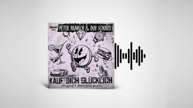 Comic-inspiriertes Artwork zu „Kauf Dich Glücklich“: Figur zwischen Pille und Emoji wird von Luxusgütern wie Diamanten, Uhren und Autos umwirbelt.