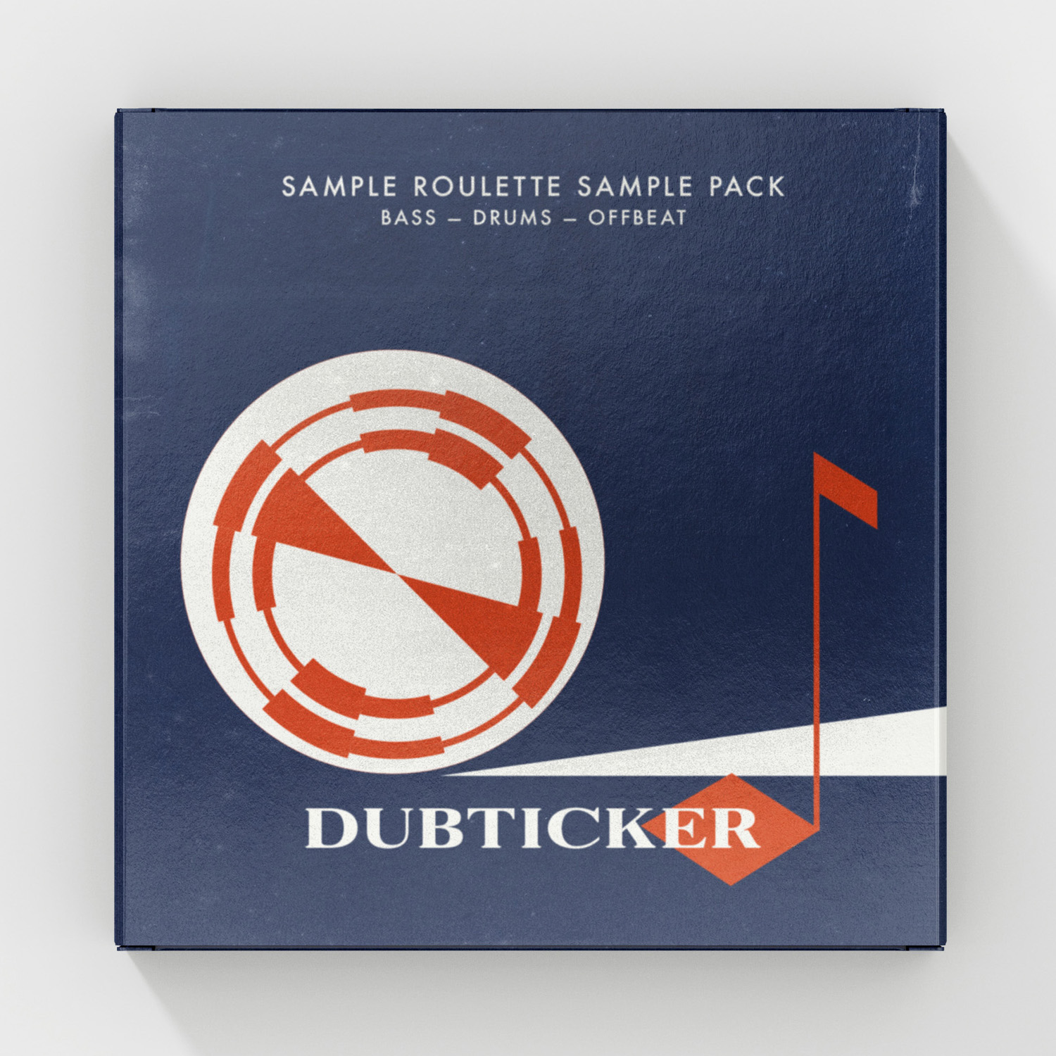Quadratisches Cover für das Samplepack „Dubticker“ aus der Reihe Sample Roulette. Auf dunkelblauem Hintergrund stehen ein großes weißes Kreissymbol mit roten, segmentierten Ringen und eine stilisierte rote Musiknote. Eine weiße, keilförmige Fläche verbindet die Elemente. Unten der Schriftzug „DUBTICKER“ in weißer Serifenschrift, oben „Sample Roulette Sample Pack – Bass, Drums, Offbeat“.