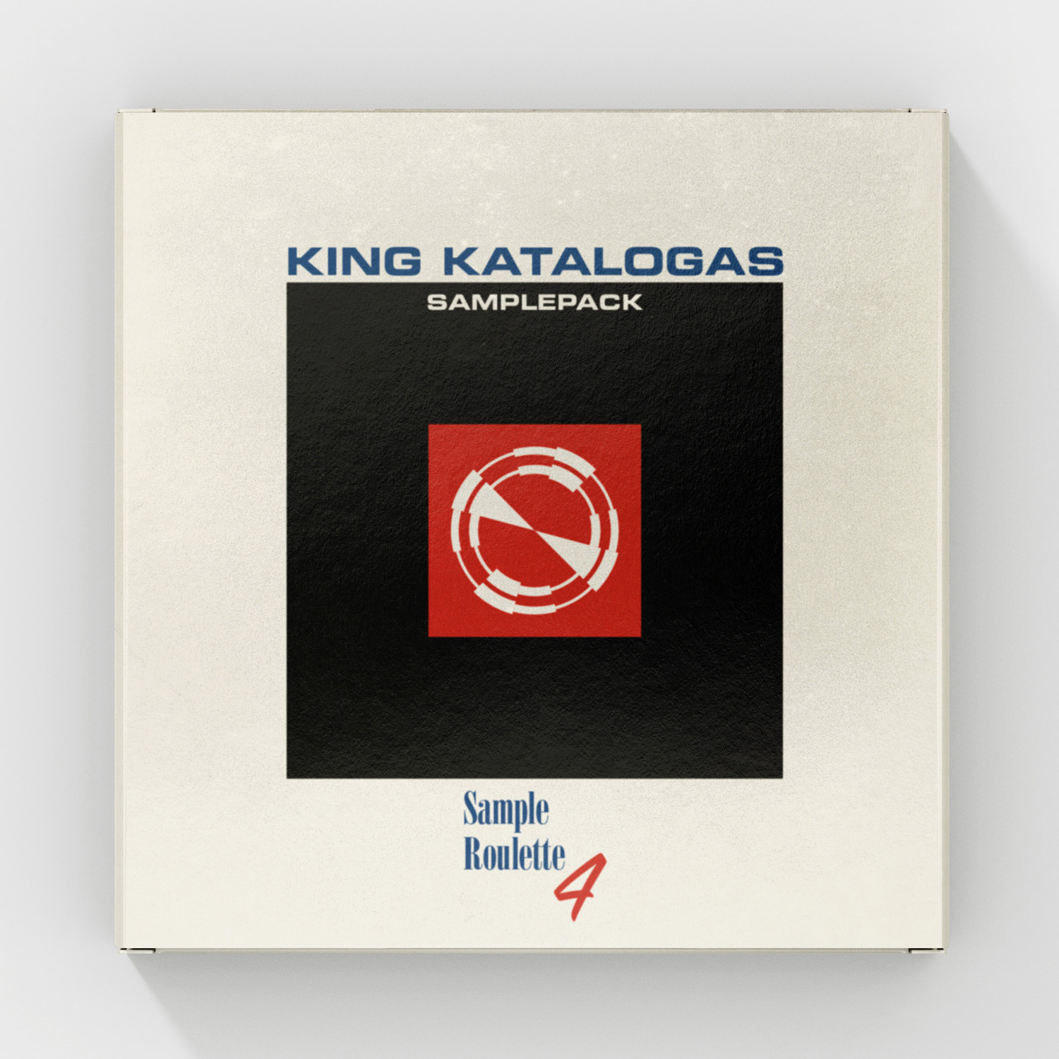 Quadratisches Cover für „Sample Roulette 4“ von King Katalogas. Auf cremeweißem Hintergrund stehen ein großes schwarzes Quadrat mit rotem Feld und weißem, kreisförmigem Symbol. Darüber blaue Versaltypografie „KING KATALOGAS“, darunter der Titel „Sample Roulette 4“ in blauer Serifenschrift mit roter Ziffer.