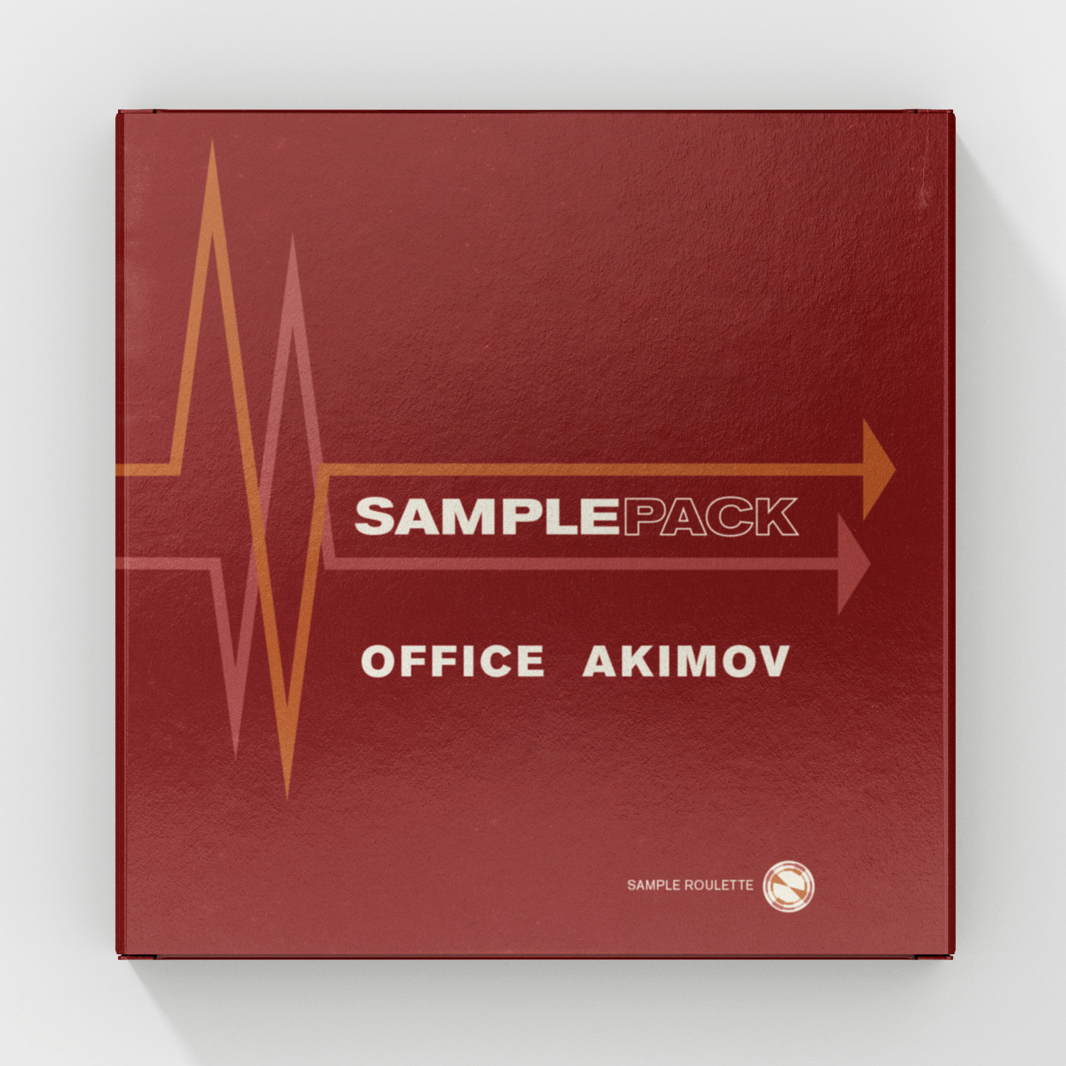 Quadratisches Cover für das Samplepack von Office Akimov aus der Reihe Sample Roulette. Auf dunkelrotem Hintergrund verlaufen zwei stilisierte Pulslinien in Orange und Rosa, die rechts in Pfeilen enden. Dazwischen der weiße Schriftzug „SAMPLEPACK“, darunter „OFFICE AKIMOV“ in kräftigen Versalien. Unten rechts das Sample-Roulette-Logo.