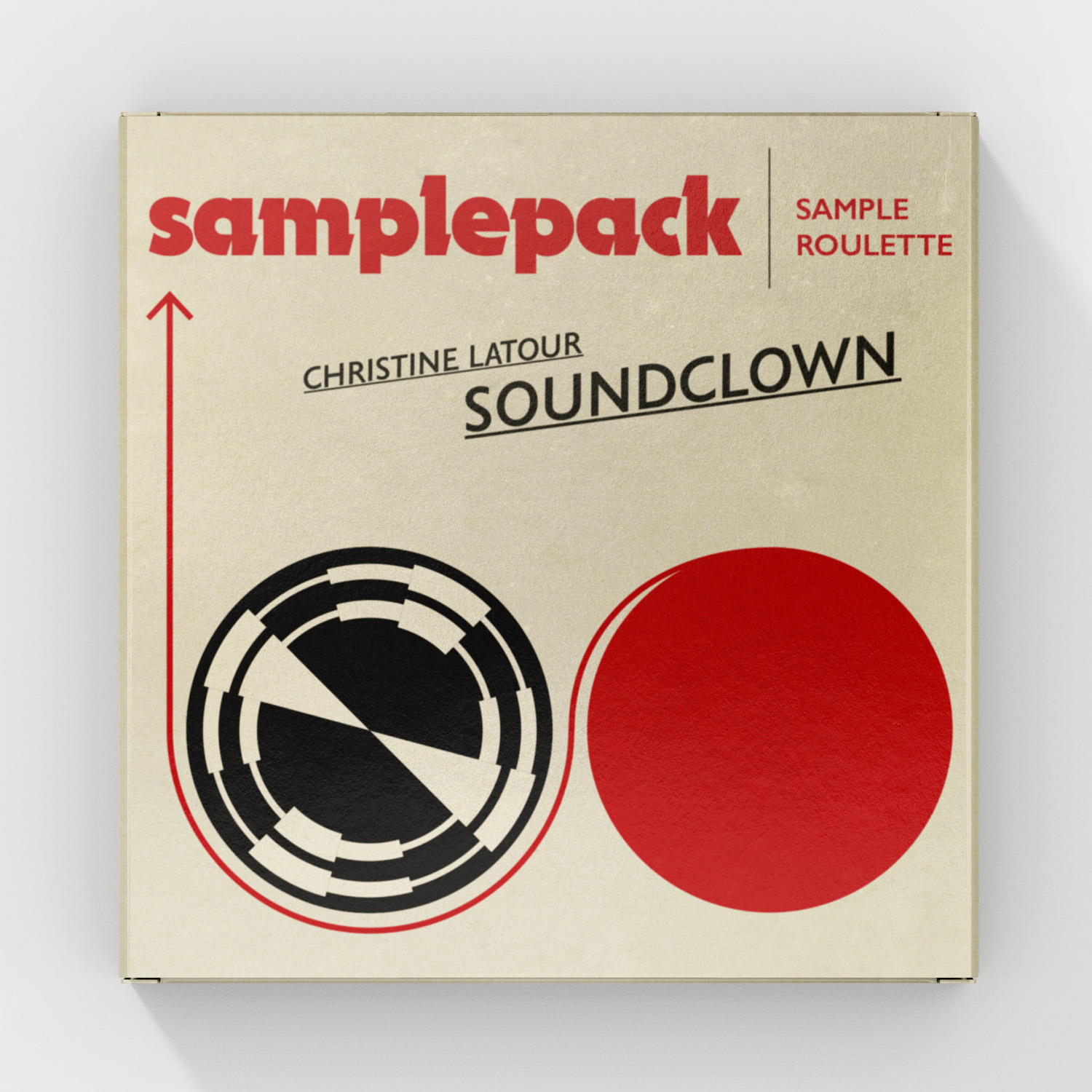 Quadratisches Cover für das Samplepack „Soundclown“ von Christine Latour aus der Reihe Sample Roulette. Auf cremeweißem, leicht vergilbtem Hintergrund stehen eine große rote „samplepack“-Typografie und der schräg gesetzte Titel. Darunter ein schwarzes, kreisförmiges Symbol und eine rote Kreisfläche, verbunden durch eine geschwungene rote Linie mit Pfeil.